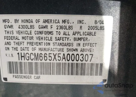 2005 Honda Accord 3.0 Ex z USA, uszkodzony, nr VIN 1HGCM665X5A000307